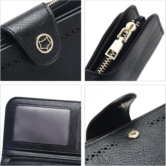 Black women's RFID blocking PU leather trifold wallet with ID window and multipl - Picture 5 of 8